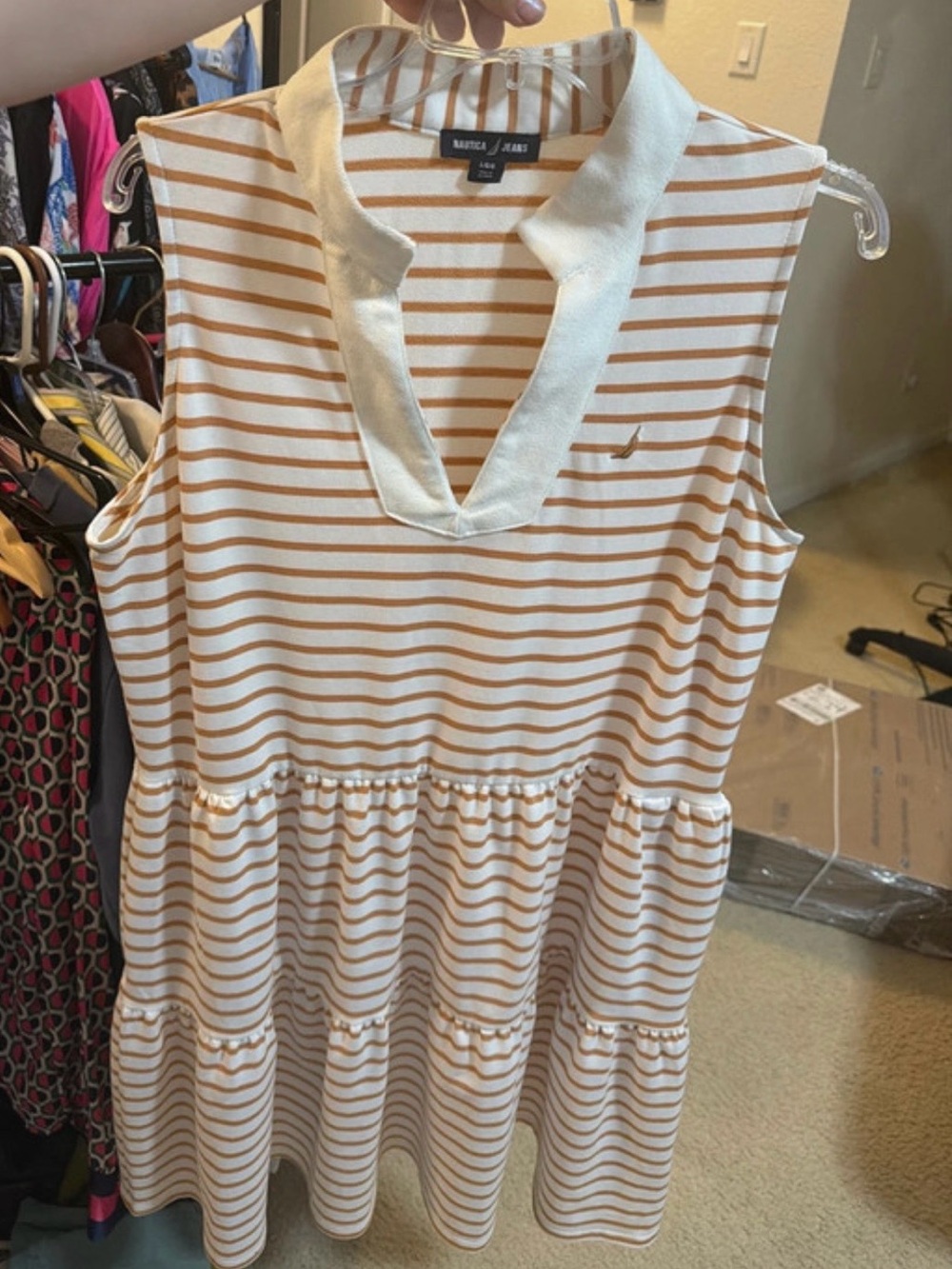 Nautica Cream and Tan Striped Sleeveless Mini Dress